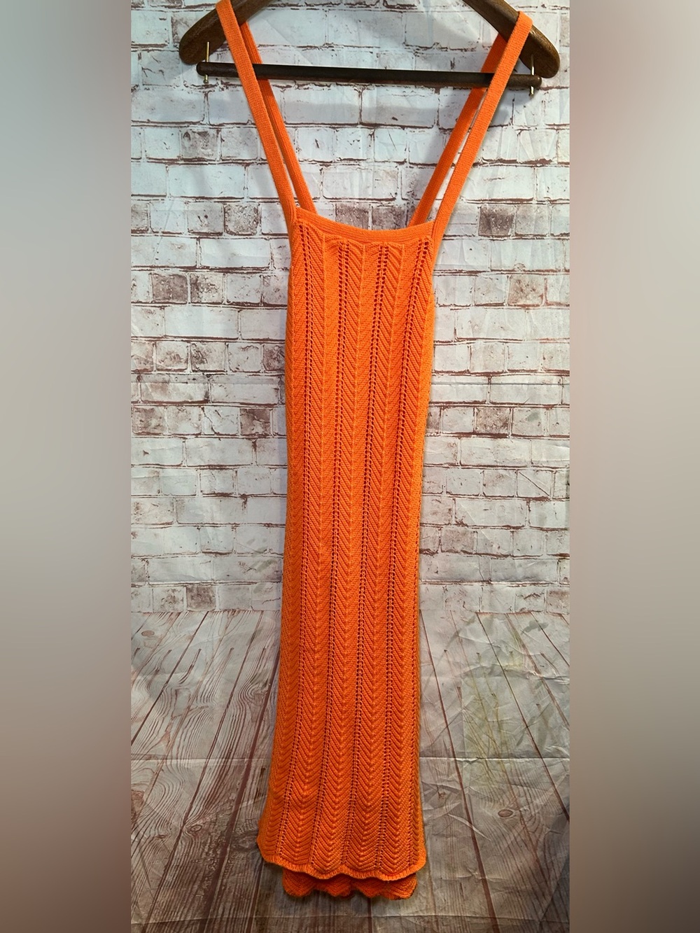 Orange Crochet Knit Sundress Open Tie Back Resort Vacation Midi Dress Sz Small - Picture 3 of 6